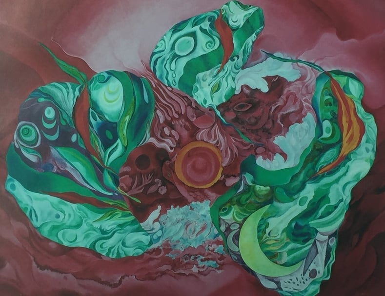 賴美華《孕育》，油畫，72.5x91cm，1984 。（賴美華提供）