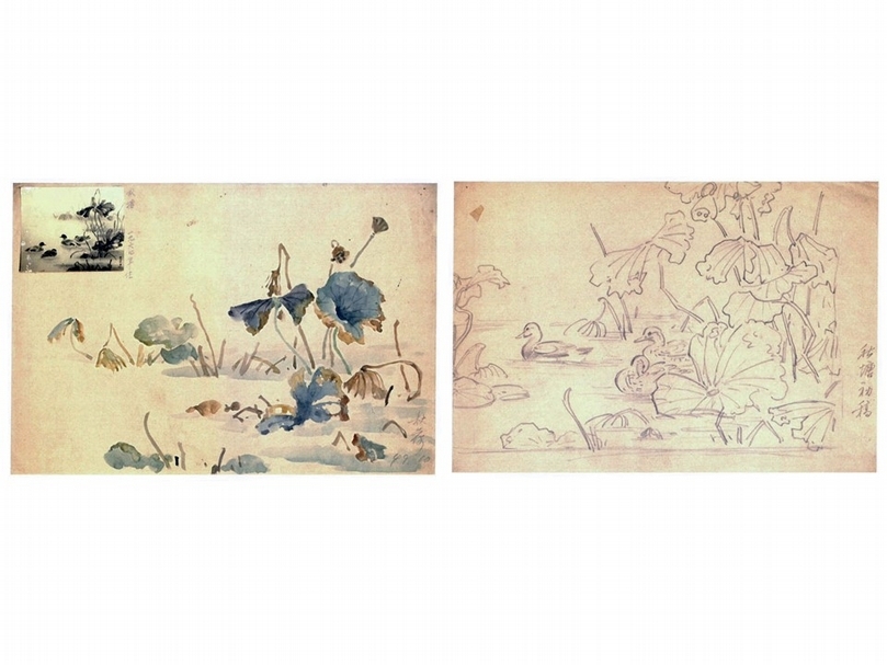 左圖為林玉山1960年《秋荷》，右圖為《秋塘初稿》，皆為國立台灣美術館藏。（吳佳靜提供）