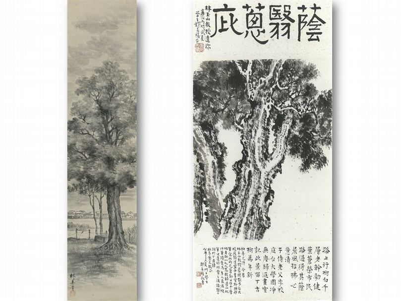 林玉山1926年《風景習作》（左），林玉山2004年《蔭翳蔥庇》（右），皆為國立台灣美術館藏。（吳佳靜提供）