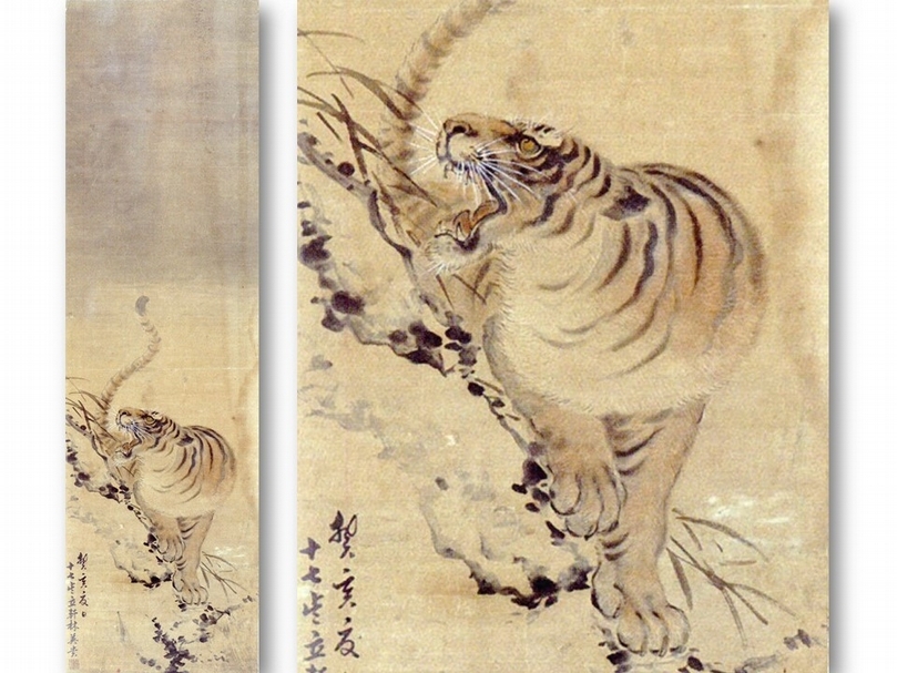 林玉山1923年《下山猛虎》，國立台灣美術館藏。右為局部。（吳佳靜提供）