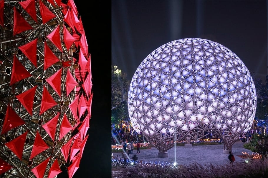 2020臺中燈會中，豪華朗機工在花博時創作的《聆聽花開的聲音》，在今年突然「被迫」升級成《聆聽花開：永晝心》。（設計發浪提供）