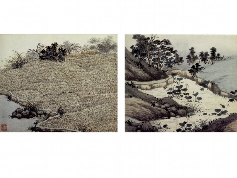 明沈周《東莊圖》冊。右圖為「北港」一開，左圖為「稻畦」一開。（圖／本刊資料室）