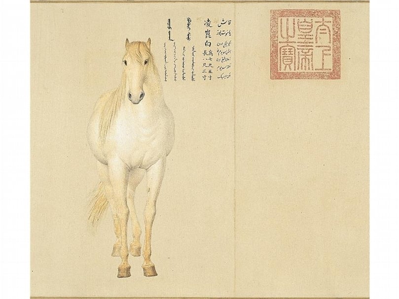 清郎世寧《愛烏罕四駿》之「凌崑白」，國立故宮博物院藏。（國立故宮博物院提供）
