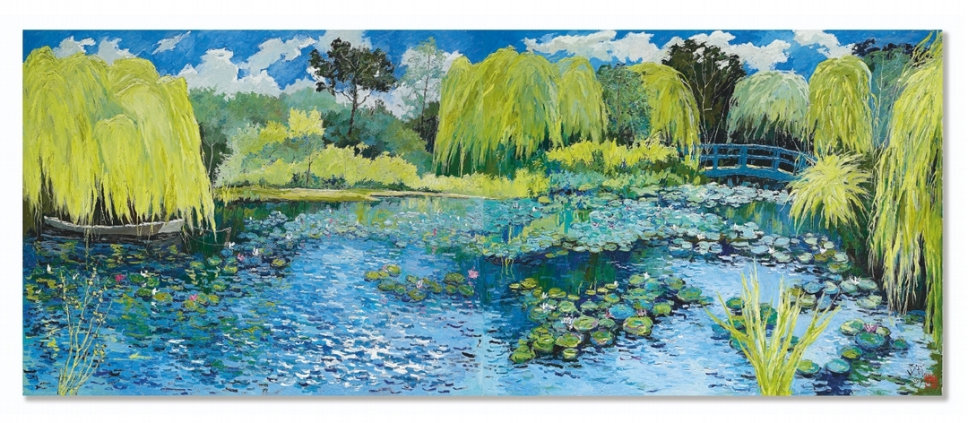 龎均《莫內花園》(雙聯屏),油彩、畫布,180 x 452cm, 2009。(© Sotheby's)