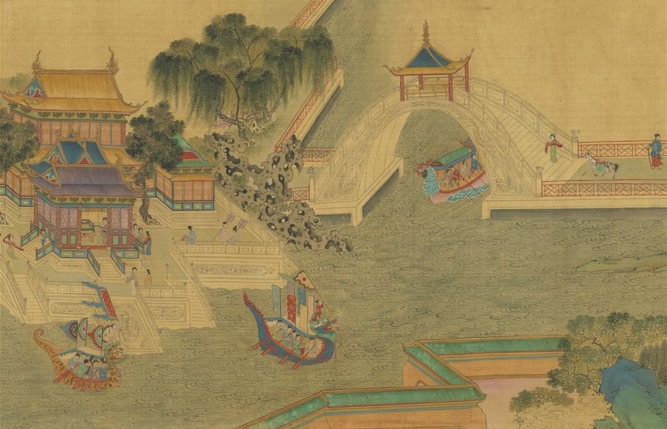 仇英本呈現龍舟爭標的金明池場景。傳明仇英《清明上河圖》故畫1605，絹本設色，34.8×804.2公分，國立故宮博物院藏。圖為局部。（國立故宮博物院提供）
