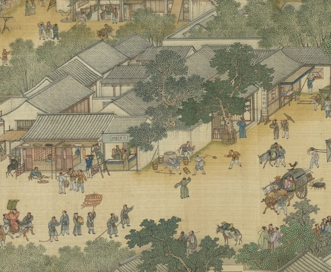 《清院本清明上河圖》不時可見水井或者是人們搶水打架的畫面，反映出清代缺水的景況。《清院本清明上河圖》，絹本設色，35.6×1152.8公分，國立故宮博物院藏。圖為局部。（國立故宮博物院提供）