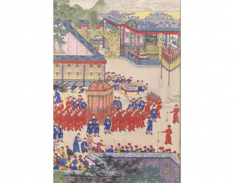 《萬壽圖卷》局部。對照版畫，為江蘇耆老跪地迎駕獻壽，執事人員向耆民分發壽桃等賜食。（圖片出處：北京故宮博物院編，《普天同慶──清代萬壽盛典》。）