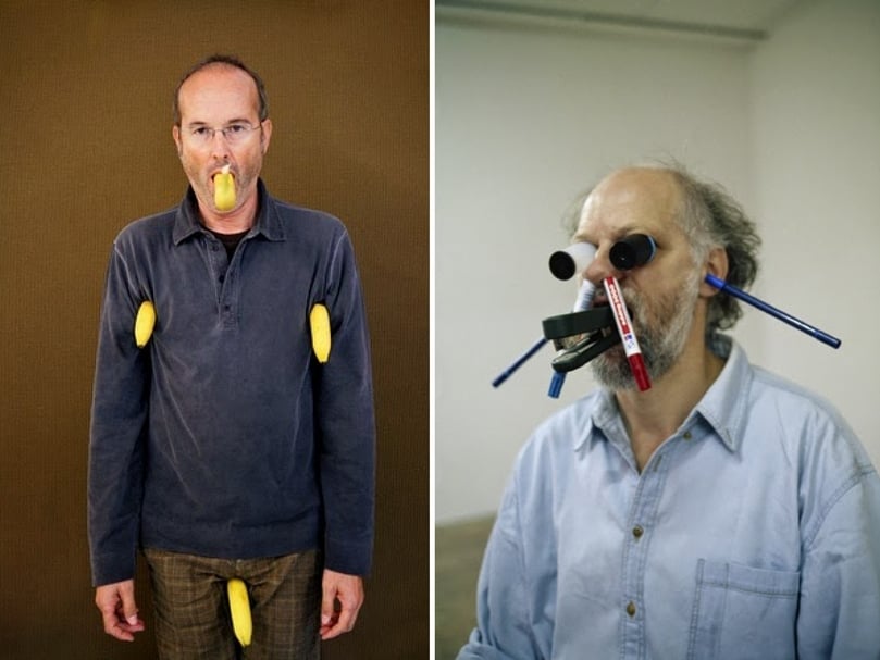 歐文．沃姆（Erwin Wurm）經典作品《一分鐘雕塑》（One Minute Sculptures），讓人在意想不到的場景或日常的物件中擺好為時一分鐘的姿勢，讓觀眾重新思考雕塑的定義。（©Erwin Wurm）