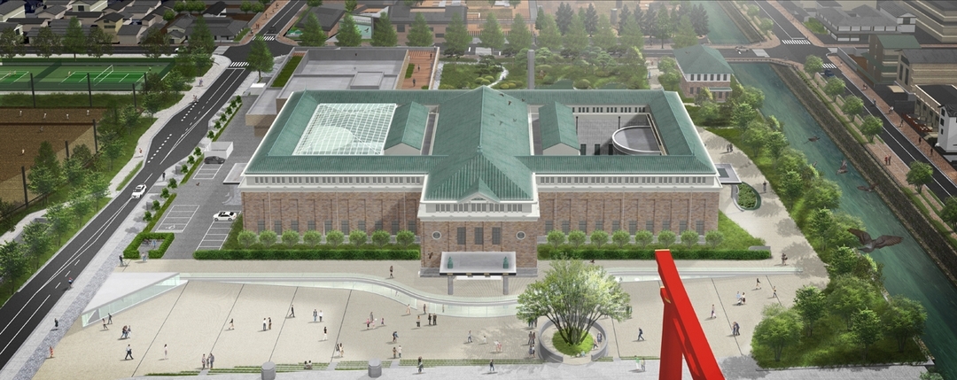 京都市京瓷美術館鳥瞰全景示意圖，可以看到改建的「光之大堂」與「天之中庭」。（京都市京瓷美術館提供）