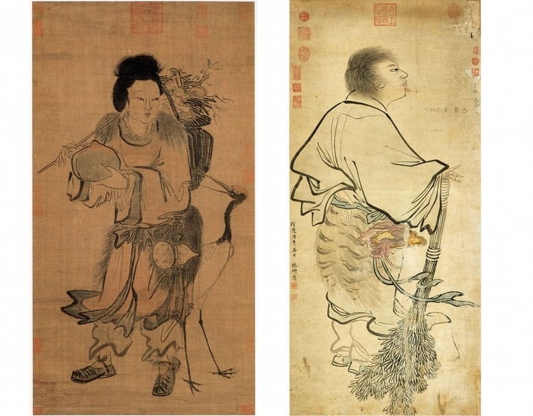 左圖（五代）（傳），王齊翰，《采芝仙》，國立故宮博物院藏。（圖版出處：《追索浙派》，頁125。）從人物右耳穿戴耳環判斷，此圖所繪為女仙。右圖：明隆慶四年（1570），張翀，《採芝仙》，國立故宮博物院藏。