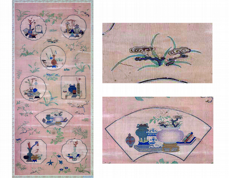 （清）《清乾隆緙絲博古書幌》，國立故宮博物院藏。此圖共有八個開光描繪博古擺設，扇形開光內有芍藥與靈芝同插於廣口花瓶內。開光外散落各類折枝花卉，靈芝也在其中（圖右局部）。