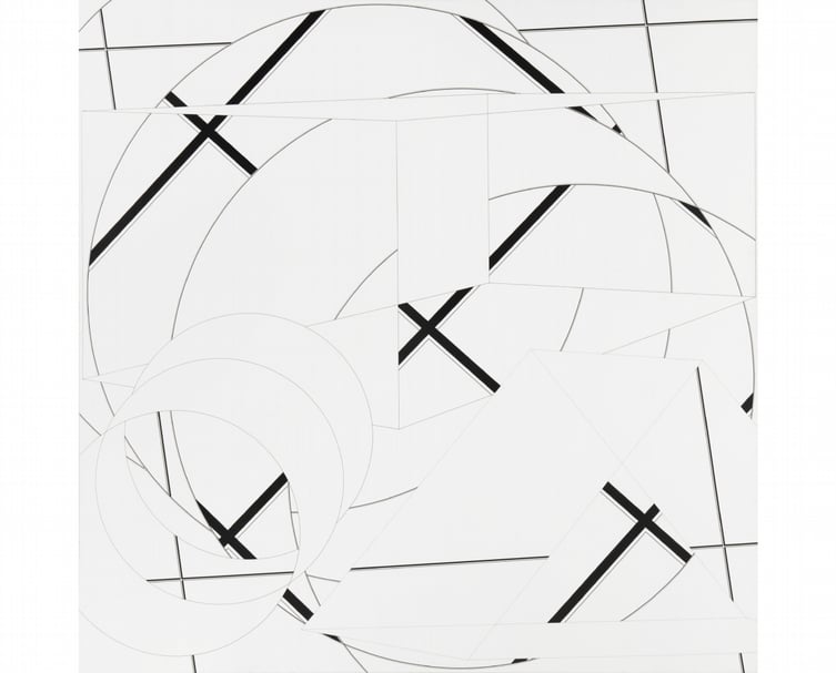 阿爾．赫爾德（Al Held）《水星地帶IX》（Mercury Zone IX）， 壓克力顏料、畫布，274.3x274.3cm，1976。（ ©藝術家，白立方畫廊提供）
