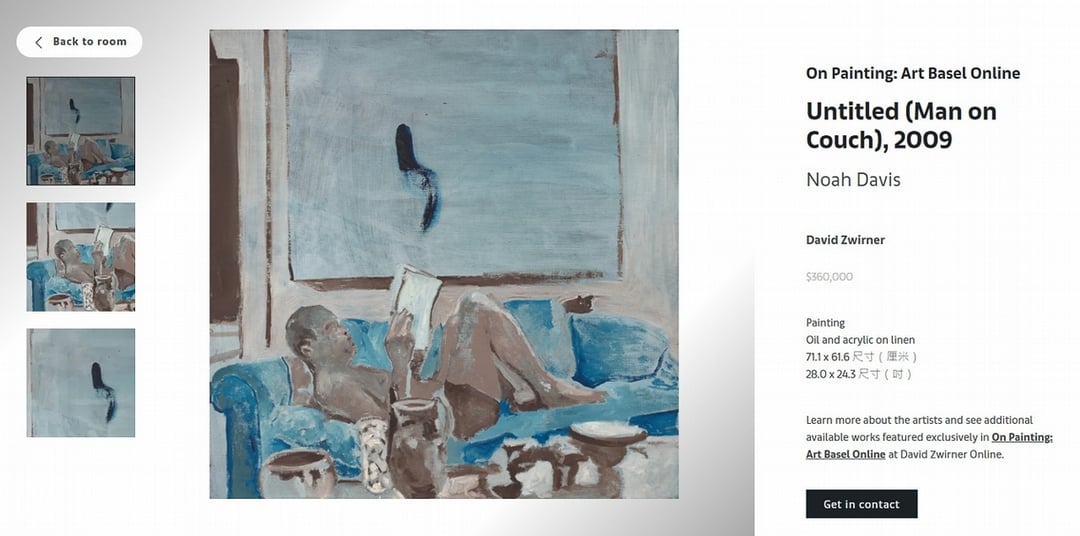 諾亞．戴維斯（Noah Davis）的作品《Untitled (Man on Couch)》（2009）售價為36萬美元。（擷取自香港巴塞爾線上展廳：卓納畫廊）