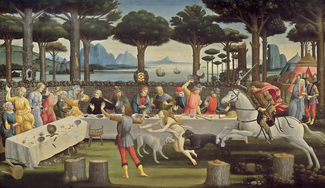 薄伽丘（Boccaccio）的《十日談》以黑死病流行時一群年輕人避難於佛羅倫斯郊區為背景，波提切利（Sandro Botticelli）取其中第五日的故事為題材創作了一系列的大畫。圖為波提切利《森林中的盛宴》（The Story of Nastagio Degli Onesti: The Banquet in the Pine Forest），蛋彩繪製於木板，84x142cm，1482-83，馬德里普拉多美術館藏。（Public domain）