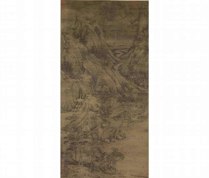 五代 董源《溪岸圖》,絹本設色、立軸,221.5×110 cm。(本刊資料室)