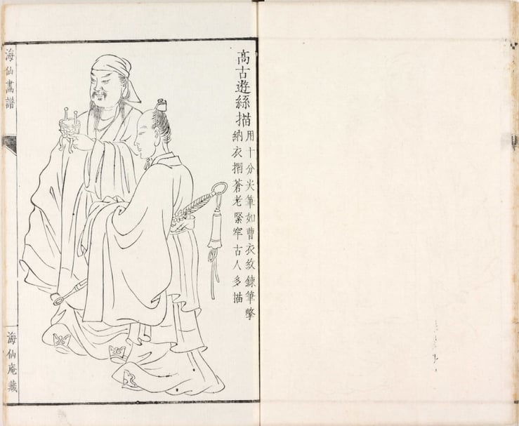 顧愷之以「春蠶吐絲描」聞名，而本文所要介紹的清代畫家上官周繼承了這項特點。「春蠶吐絲描」 為人物衣服褶紋畫法之一，通常稱為「高古遊絲描」，因線條描法形似遊絲故名。圖為日本江戶小田海仙1861年《海仙畫譜》之「高古游絲描」。（圖版取自書格網站）