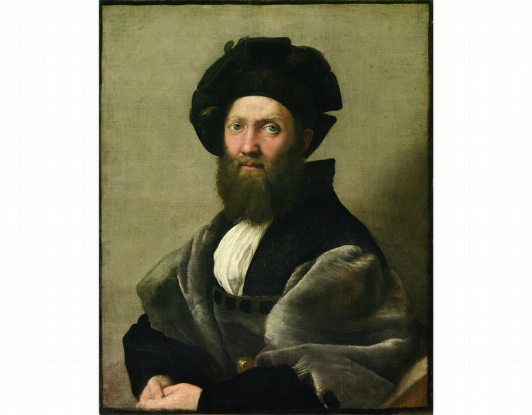 拉斐爾的友人卡斯蒂利奧內（Baldassare Castiglioe），也是該次展出的作品。拉斐爾，《卡斯蒂利奧內肖像》。（圖片來源：維基百科）