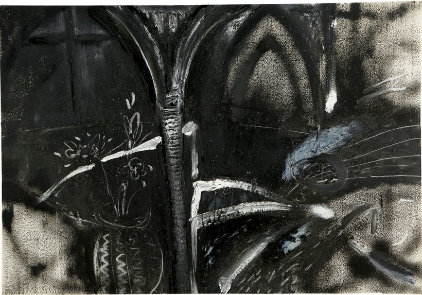 江賢二《巴黎聖母院》，油彩、畫紙，75x108cm，1982，藝術家自藏。（© 臺北市立美術館及藝術家提供）