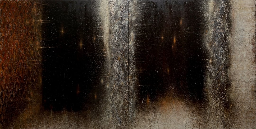 江賢二《百年廟98-22》，油彩、畫布，200×400cm，1998 ，私人收藏。（© 臺北市立美術館提供）