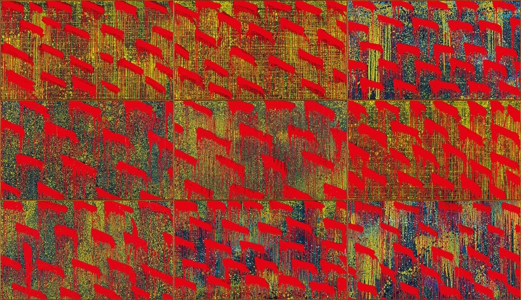 江賢二《金樽／秋》，油彩、複合媒材，360x630cm，2019，藝術家自藏。（© 臺北市立美術館及藝術家提供）