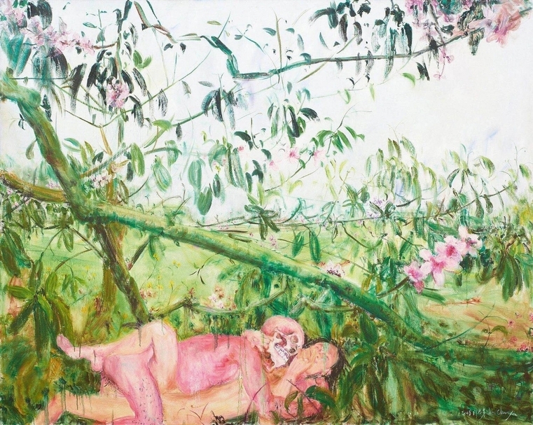周春芽《幸福一號》，布面油彩，199×249.5cm，2008。（北京永樂提供）