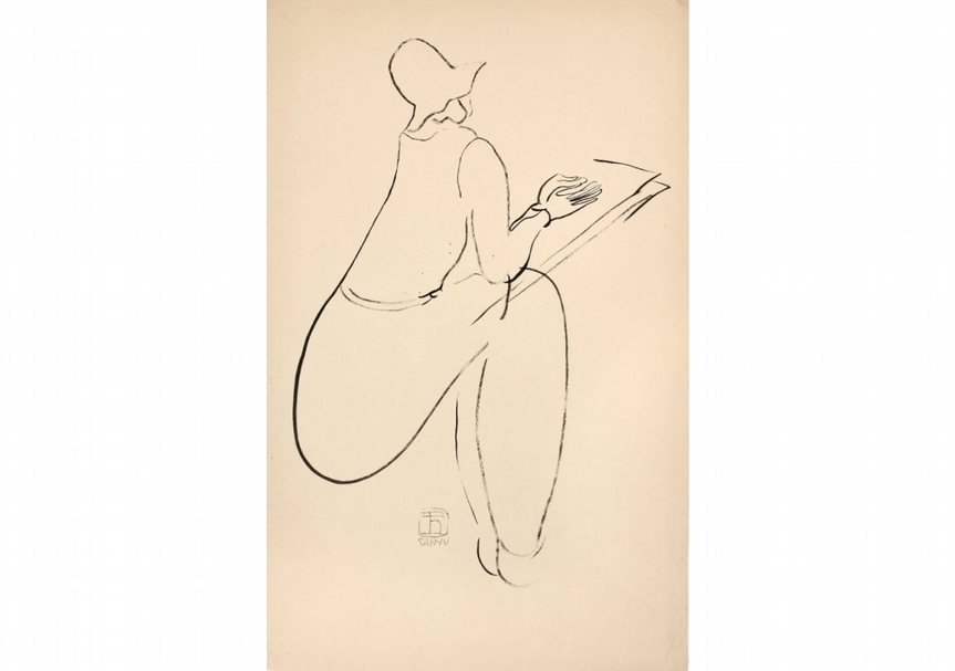 常玉《戴帽子的繪畫仕女》，紙本水墨，44.5x27.8cm。（北京永樂提供）