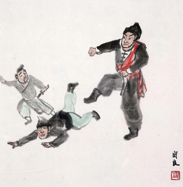 關良《武松醉打蔣門神 》，紙本水墨，34×34cm。（北京永樂提供）