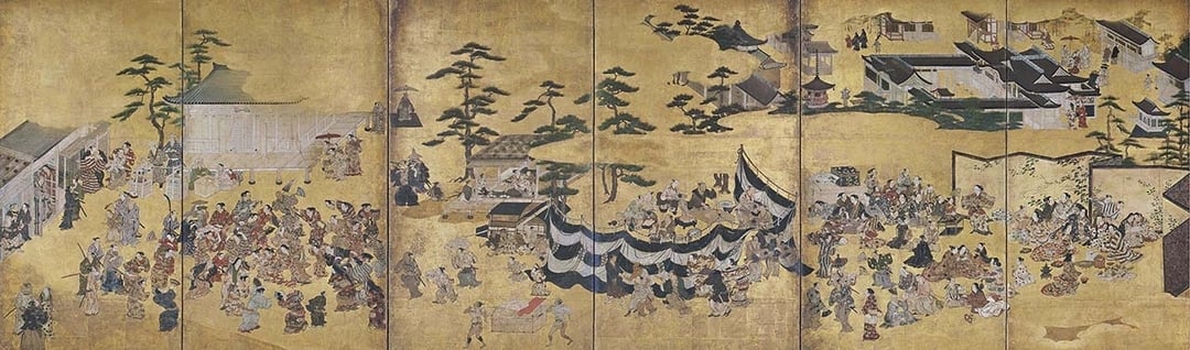 圖1 狩野孝信〈北野社頭遊樂圖〉屏風，私人藏。（大和文華館提供）