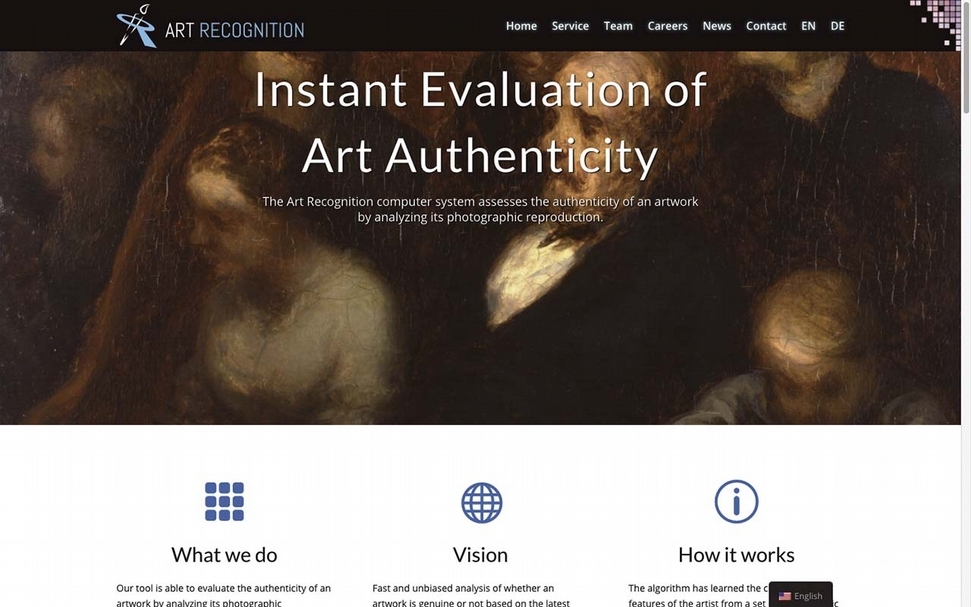 Art Recognition以AI技術分析作品，藉此評估其真實性。（Art Recognition官網截圖）