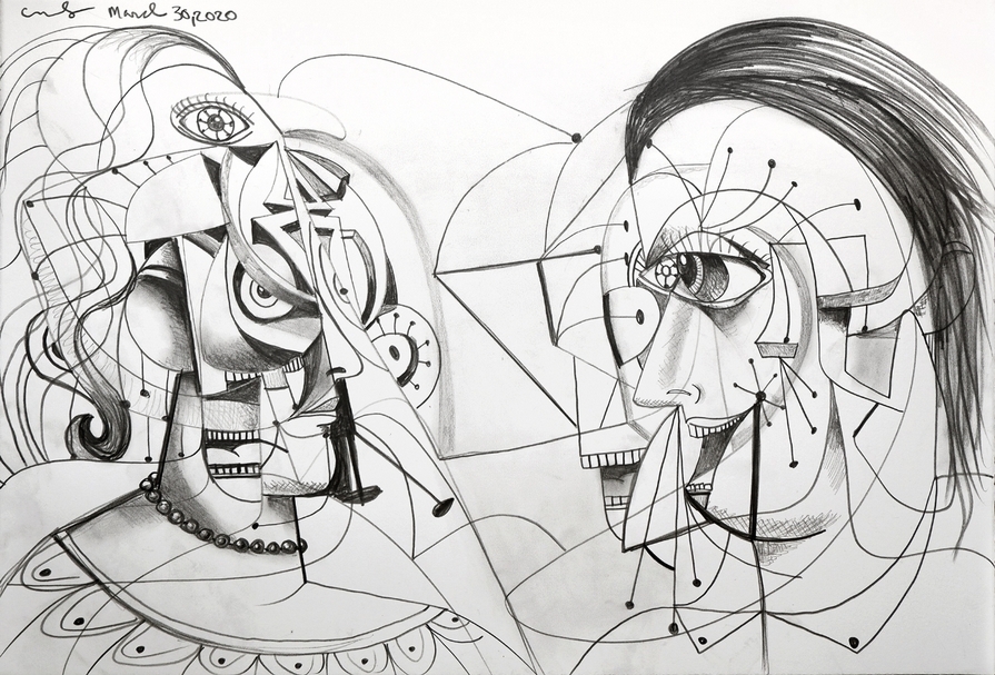 《線性接觸》（Linear Contact），2020，石墨、紙，66 x 91.4 cm（© 喬治·康多，藝術家、豪瑟沃斯提供）