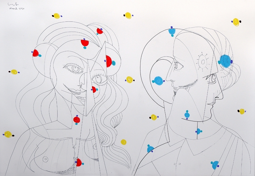 《分子人物》（Molecular Figures），2020，鋼筆、蠟筆、紙，61 x 91.4 cm（© 喬治·康多，藝術家、豪瑟沃斯提供）
