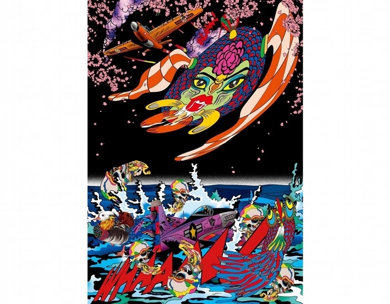 田名網敬一《金魚缸裡變形的宇宙7》 67 x 49 cm，數位版畫、絲網印刷、礦物晶粉、紙，2017，版次 10/30。（也趣藝廊提供）