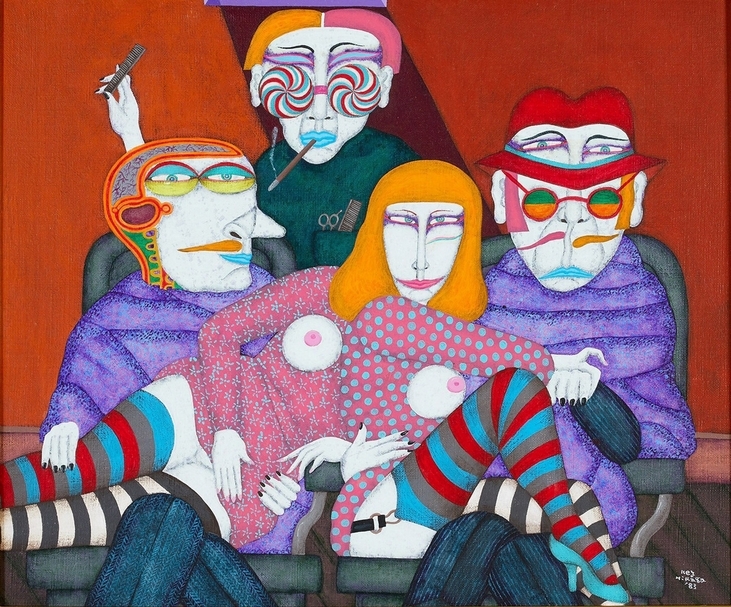 平賀敬《P的理髮店 II》50 x 37 cm，色鉛筆、拼貼、紙，2016。（也趣藝廊提供）
