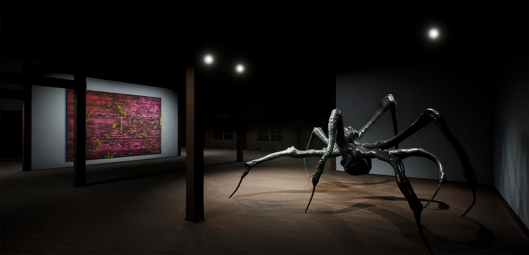 「藝研室」(ArtLab),由HWVR創建的豪瑟沃斯梅諾卡內景圖,圖中作品為:傑克.惠滕《阿薩的宮殿》(1973)及露易絲.布爾喬亞《臥著的蜘蛛》(2003)。(伊斯頓基金會與豪瑟沃斯提供)