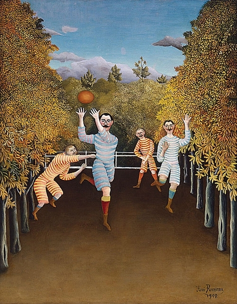 盧梭在這幅畫上已進一步探索了稚拙與神秘的雙重思維，把幾個形象可笑的運動員，畫成囚犯般的樣子，不僅比例失調，而且環境也神秘——顯然，這一切不是真實的生活，而是不可解釋的夢幻。｜The Football Players (Les Joueurs de football) (1908)｜Oil on canvas｜100.3 x 80.3 cm（圖片來源：名畫檔案）
