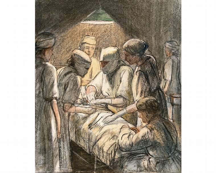 英國一戰官方藝術家法蘭西斯.陶德(Francis Dodd)的速寫,捕捉了恩德街軍醫院全副武裝的女性醫護人員工作神韻。法蘭西斯.陶德,《倫敦恩德街軍醫院的闌尾炎手術》(An Operation for Appendicitis at the Military Hospital, Endell Street, London),粉彩、畫紙,30.6x26.5cm,1920。(By Wellcome Collection,CC BY 4.0)