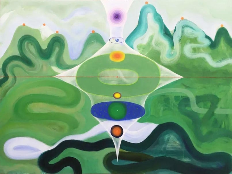 漢雅軒「樂 / 觀」展覽展出作品，成瑞嫻《世界心》，布面油畫、丙烯，91.5x122 cm，2016 。（漢雅軒提供）