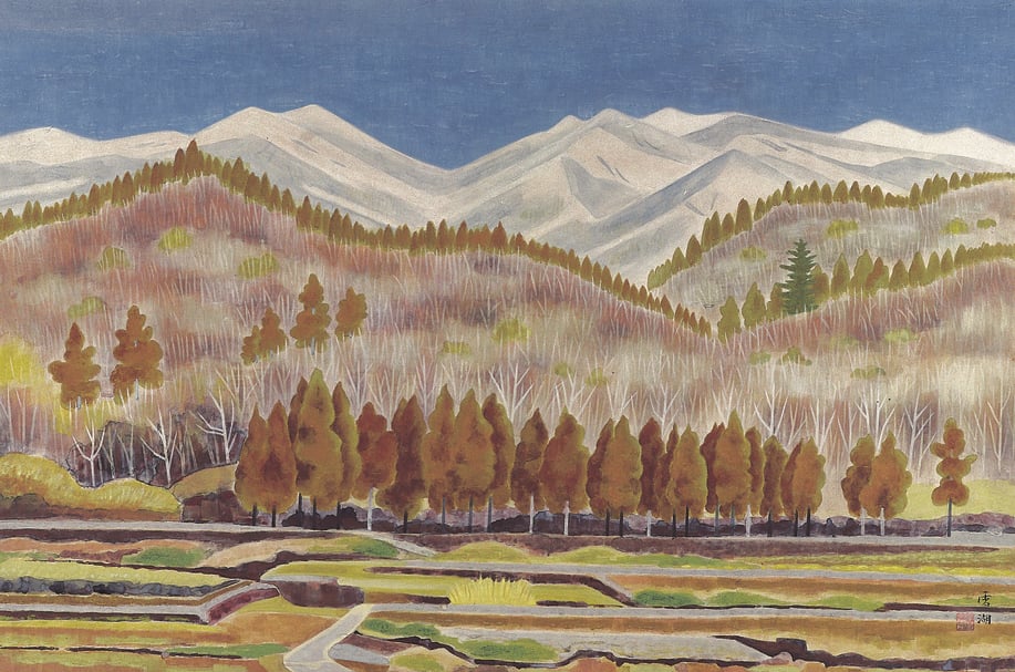郭雪湖《雪嶺冬晴（日本長野縣 信州路）》 ，膠彩、紙本，80×120.5cm，1962，郭雪湖基金會提供