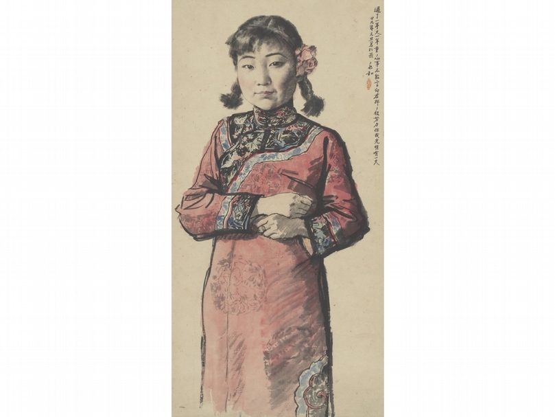 蔣兆和,《拜新年》,設色紙本 、鏡框,104.5x53.8cm,1940。(© Christie's)