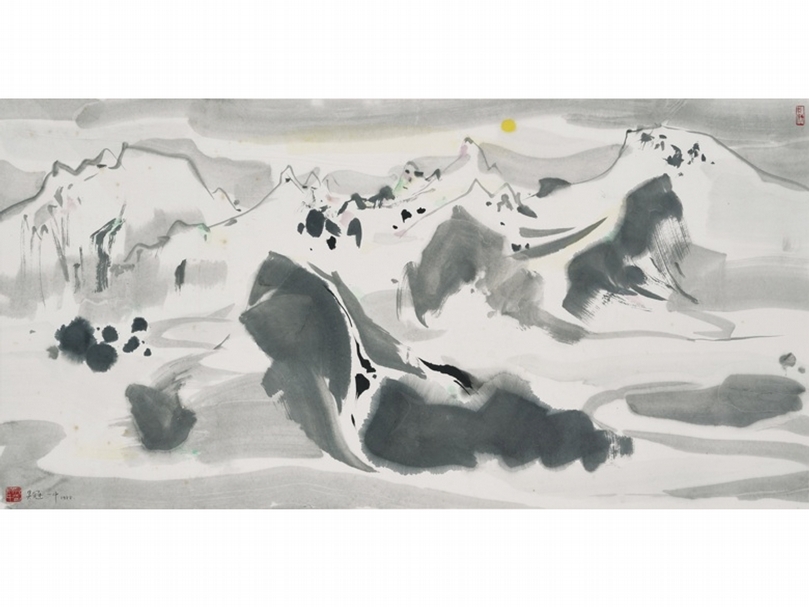 吳冠中 ,《月下玉龍山》,設色紙本、鏡框,67x132cm,1988。(© Christie's)