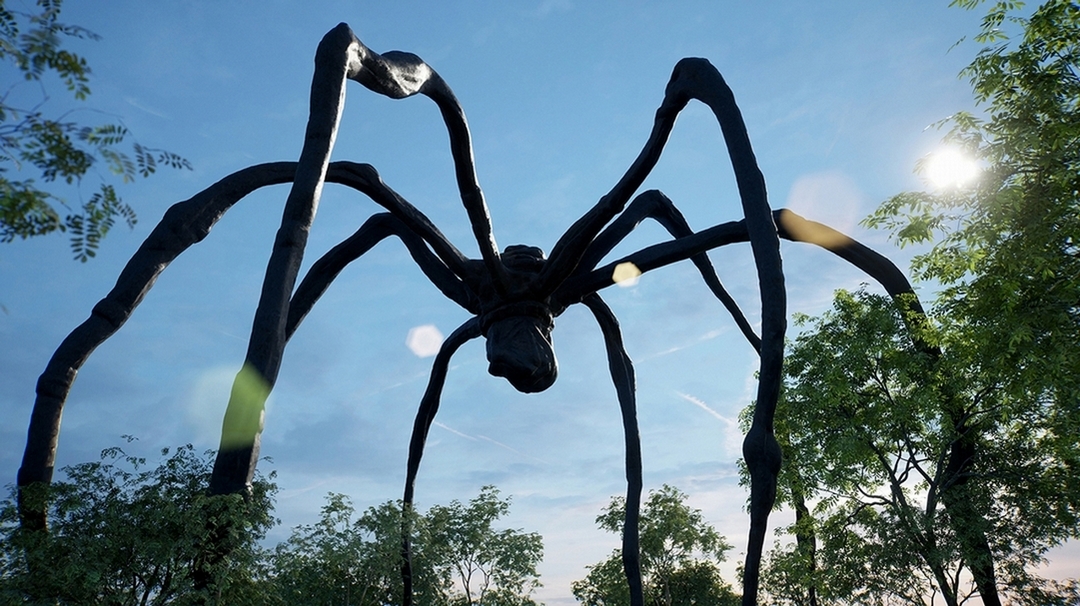 「藝研室」（ArtLab），由HWVR創建的豪瑟沃斯梅諾卡外景圖，作品為露易絲．布爾喬亞《媽媽》（1999）。（伊斯頓基金會與豪瑟沃斯提供）