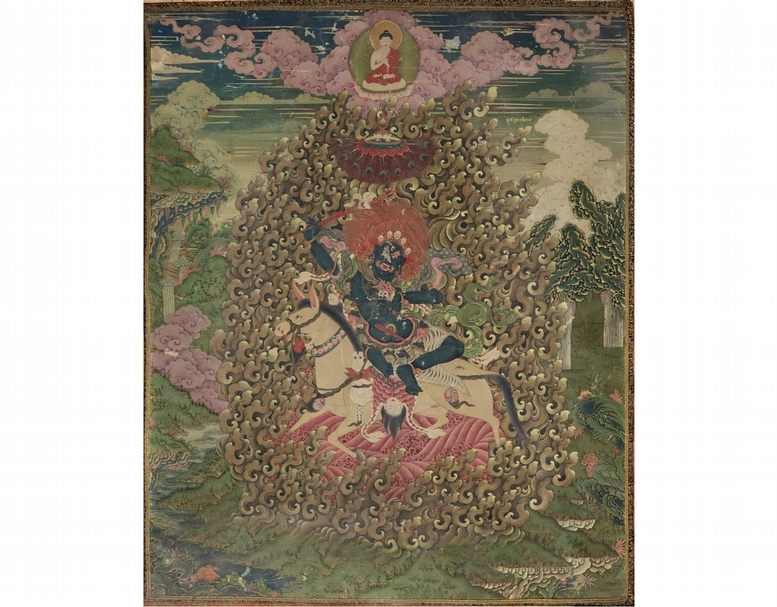 圖1 清《吉祥天母畫像》軸唐卡,139×110公分,北京故宮博物院藏。圖為修前照。(作者提供)