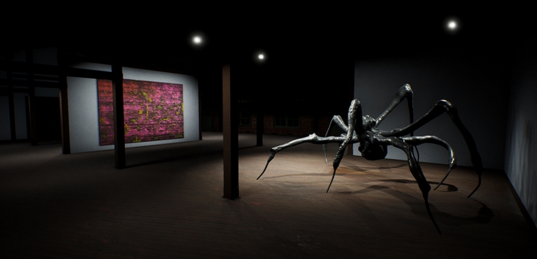 「藝研室」（ArtLab），由HWVR創建的豪瑟沃斯梅諾卡內景圖，圖中作品為：傑克．惠滕《阿薩的宮殿》（1973）及露易絲．布爾喬亞《臥著的蜘蛛》（2003）。（伊斯頓基金會與豪瑟沃斯提供）