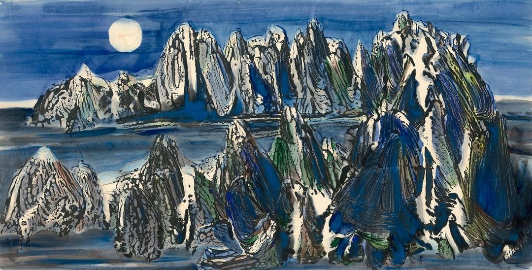 朱為白《造山大景系列-3》，水墨設色、紙本，70×135cm，1983。（尊彩藝術中心提供）