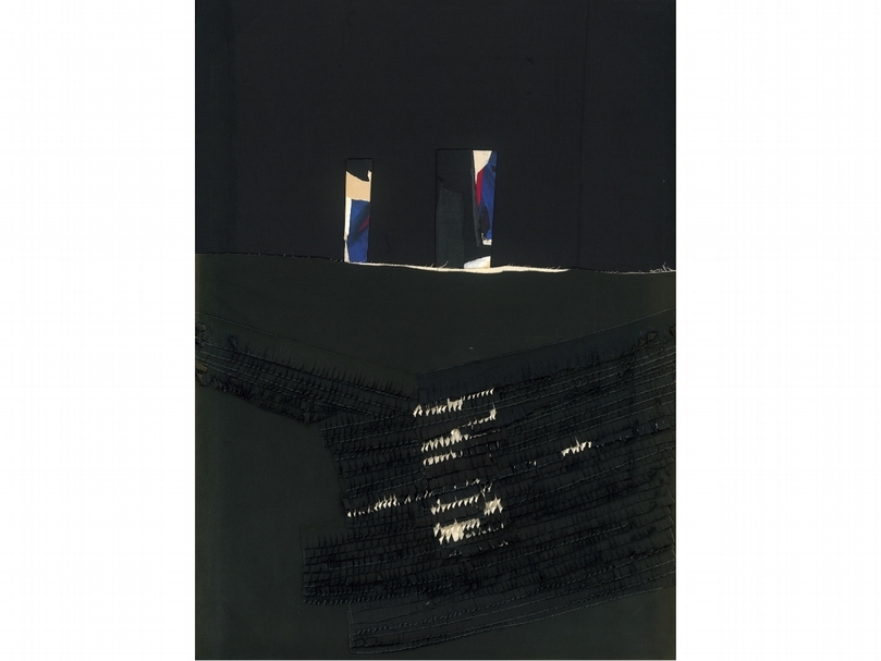 朱為白《牽》，複合媒材、棉布，140×102.5cm，1991。（尊彩藝術中心提供）