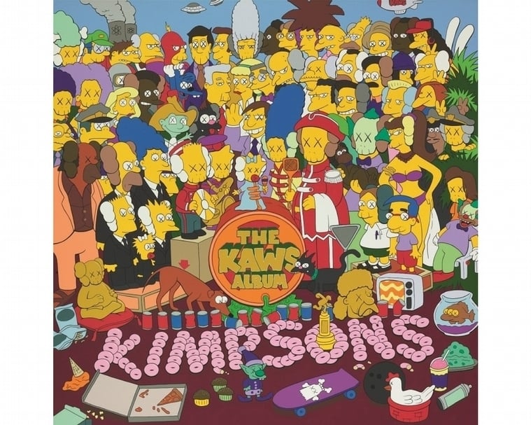 KAWS於2005年的作品《THE KAWS ALBUM》將「披頭四」唱片《Sgt. Pepper's Lonely Hearts Club Band》封面人物置換成美國知名卡通《辛普森家庭》角色，最終以1億港元落槌，也成為了藝術家的拍賣最高紀錄。（© Sotheby's）
