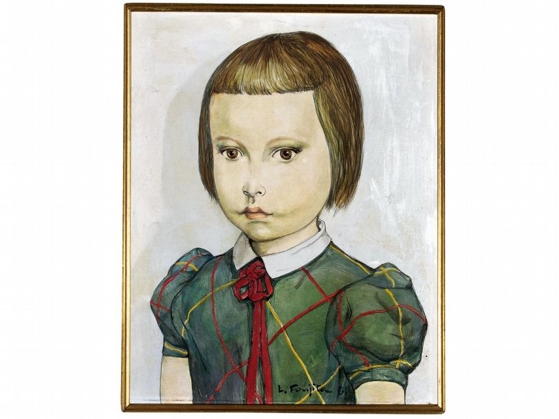 藤田嗣治《繫紅色蝴蝶結的小女孩油彩》,畫布,24×19 cm,1961,預估價:160萬至240萬港元。(保利香港提供)
