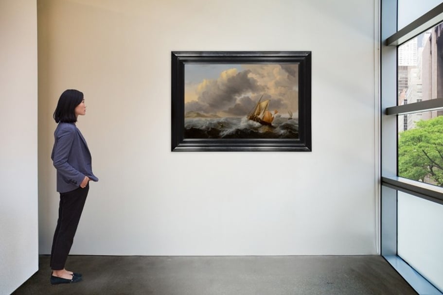 「畫廊之眼：紐約」（The Dealer’s Eye: New York）線上專拍中，由Kunsthandel P. de Boer精選的作品Jan Claesz. Rietschoof《Ships in a stormy sea,with a dune coast beyond》。（蘇富比提供）
