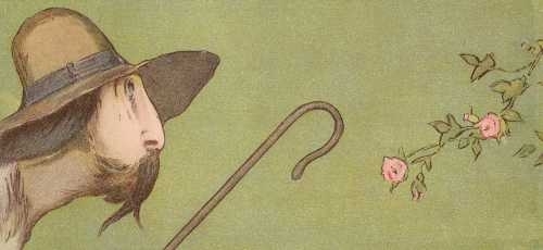 正看是：一位牧羊人盯著玫瑰花，啟發了詩意。