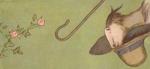 倒看是：羊吃了帽子（文字：「當他在寫詩時，羊吃了他的帽子」，讀者得掙脫剛剛對「人臉」的認知，把「羊」辨識出來，一開始，你會覺得「不像」，可是視覺認知是有「習慣迴路」的，再多看幾次那隻羊會「越來越像」。）